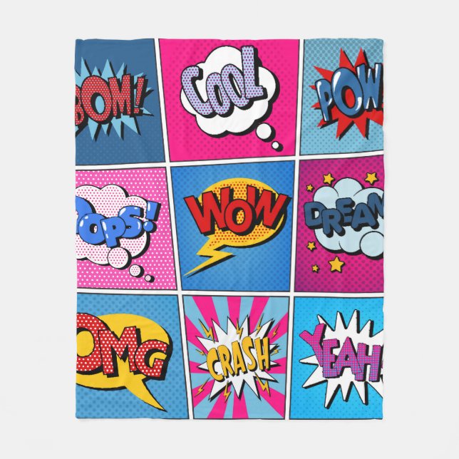 Manta Polar Comic Bubbles Set. Expresiones Bom, Guay, Pow, Oop (Anverso)