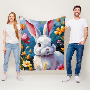Manta Polar Conejo blanco adorable rodeado de flores vibrantes