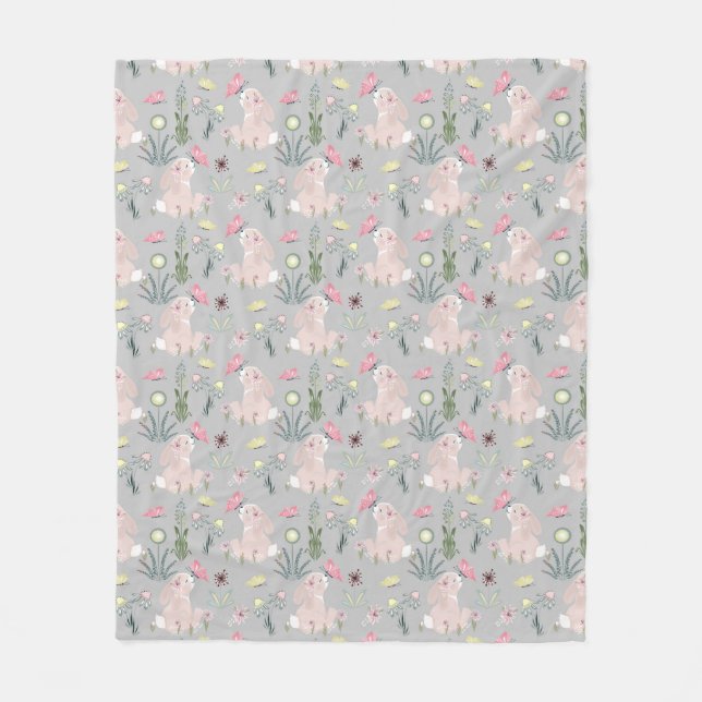 Manta Polar conejo lindo con flores y mariposas (Anverso)