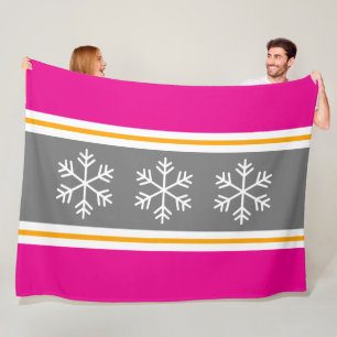 Manta Polar Copo de Nieve Festivo Rayas Grises Rosadas Amarill