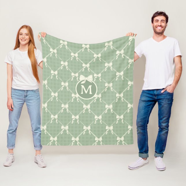 Manta Polar Coquette Bows Gingham Monogram Cream Sage Green  (In situ)