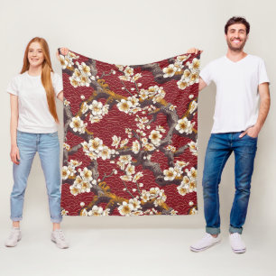 Manta Polar Coral Crema Flor de Ciruelo Japonesa Patrón Borgoñ