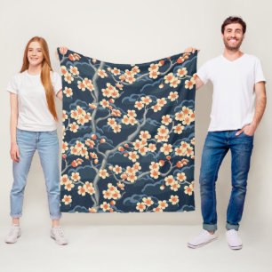 Manta Polar Coral Crema Sakura Azul Marino Patrón Floral