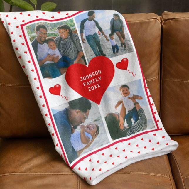 Manta Polar Corazón de San Valentín personalizado de la famili (Photo Collage Family Personalized Valentine Heart Fleece Blanket)