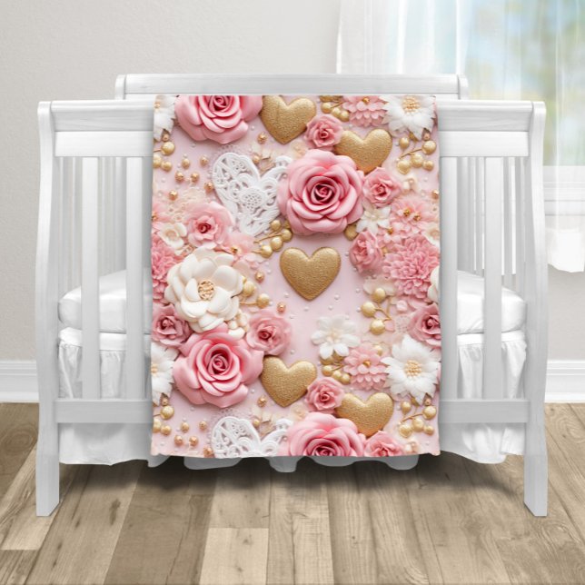 Manta Polar Corazón floral de oro rosa (Sweet gold hearts and roses baby blanket. You can add text and a color to the backside.)