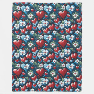 Manta Polar Corazones de Navidades florales en azul rojo y ver