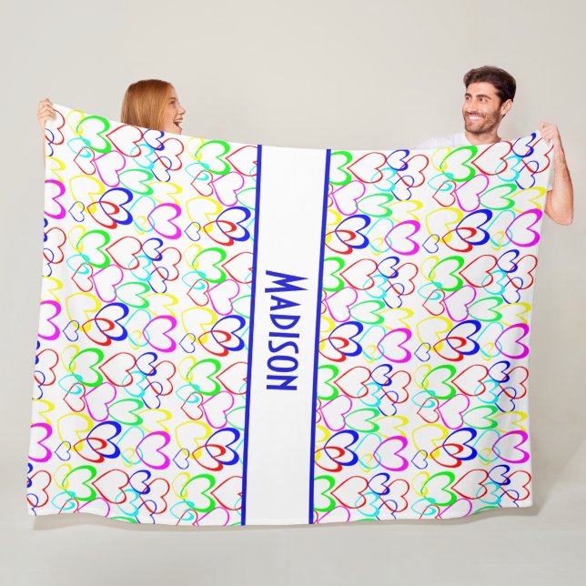 Manta Polar Corazones de neón en blanco, personalizado (In situ)