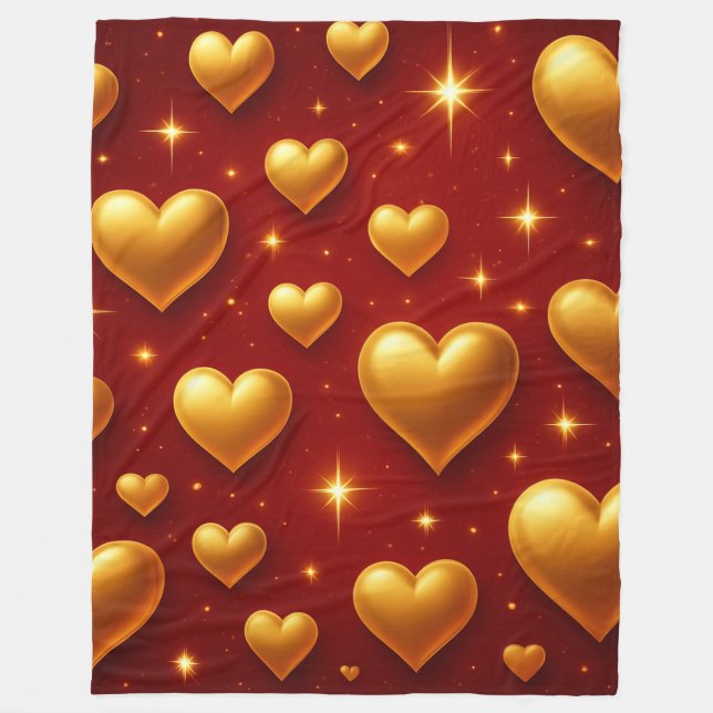 Manta Polar Corazones dorados en rojo con estrellas (Anverso)