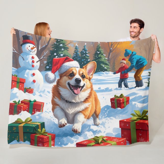 Manta Polar Corgi corriendo en Nieve con Gorra Navidad (In situ)
