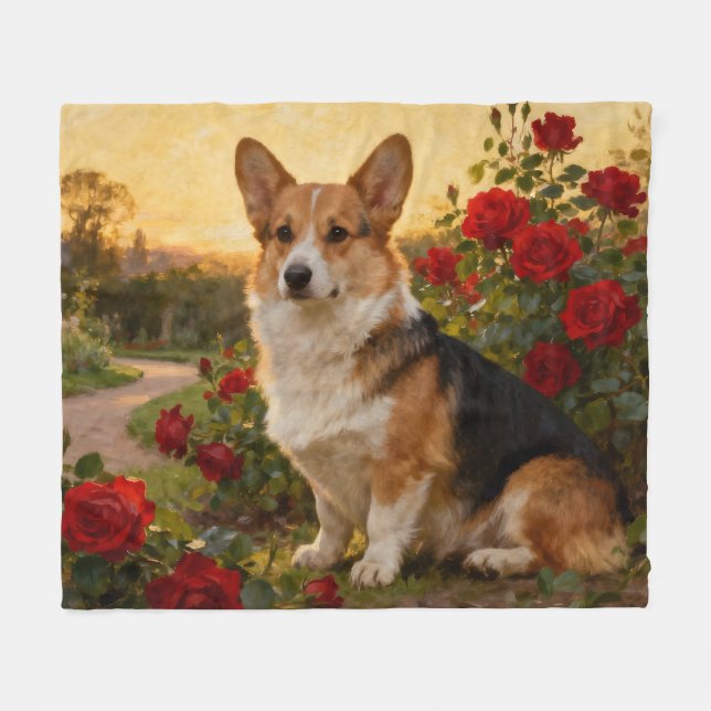 Manta Polar Corgi en las Rosas II (Frente (Horizontal))