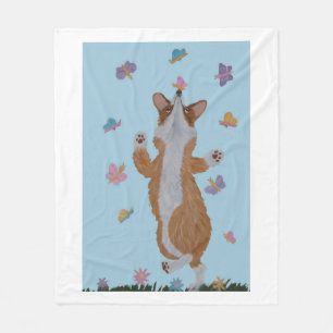 Manta Polar Corgi galés bailando con mariposas