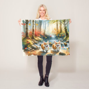 Manta Polar Corgi Perro En Una Corriente De Bosque Con Colores