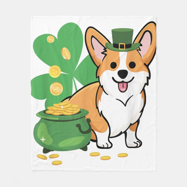 Manta Polar Corgi St Patricks Day con Leprechaun Gorra (Anverso)