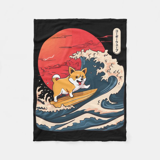 Manta Polar Corgi surfeando ola japonesa _4 (Anverso)