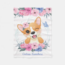 Manta Polar Corona de flores de perro Corgi lindo Mariposa azu