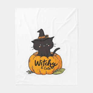 Manta Polar Corto gato negro en calabaza con gorra de bruja, k