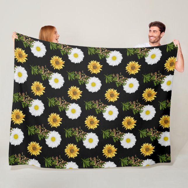 Manta Polar Cosy Floral Daisy Sunflower en negro (In situ)