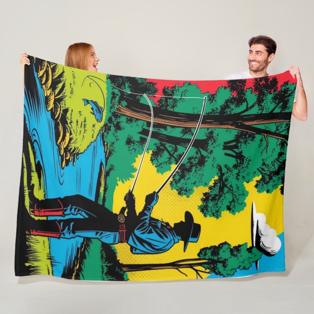 Manta Polar Cowboy Fisherman on Riverbank  Fleece Blanket (In situ)