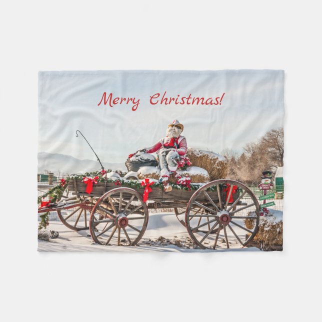 Manta Polar Cowboy Santa - Wagon con Hay Bales (Frente (Horizontal))