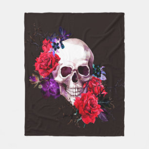 Manta Polar Cráneo con ramas de flores oscuras y mar de rosas