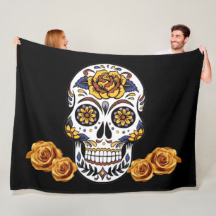 Manta Polar Cráneo de azúcar rosa amarillo en negro