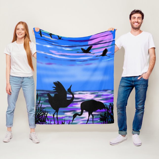 Manta Polar Cranes Bird Pareja Azul Fleece Blanket Love (In situ)