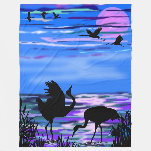 Manta Polar Cranes Birds Love Dance Fleece Blanket Lake Sunset (Anverso)