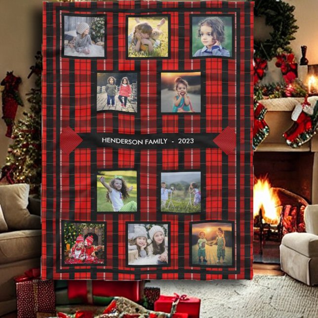 Manta Polar Crea tu propio nombre familiar de collage de fotos (Rustic fleece blanket, family photo collage on buffalo plaid pattern. )