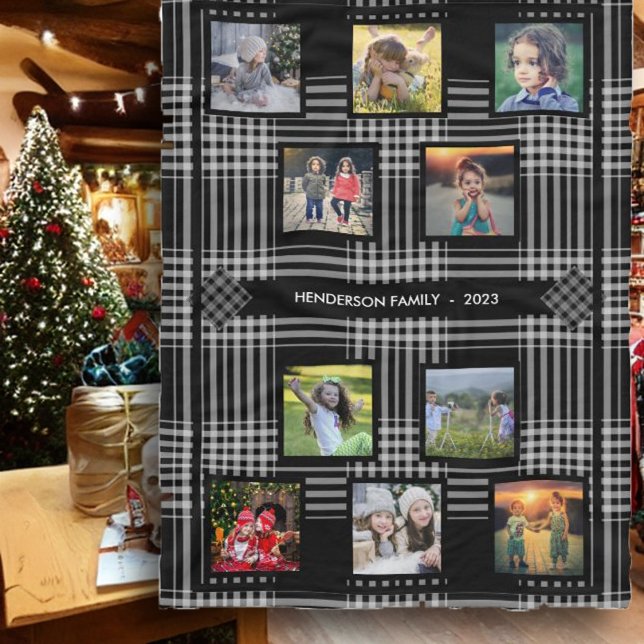 Manta Polar Crea tu propio nombre familiar de collage de fotos (Beautiful keepsake fleece blanket. Family photo collage on black and white buffalo plaid pattern, )