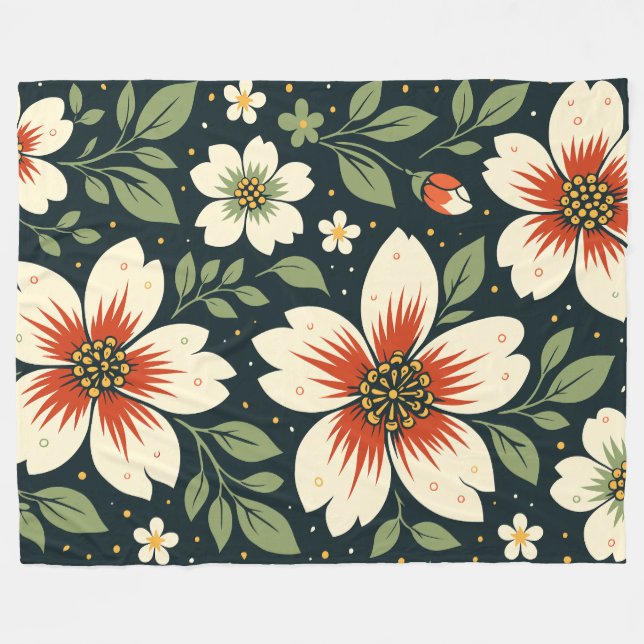 Manta Polar Cream Flowers with Red Centers & Green Leaves (Frente (Horizontal))