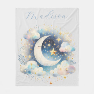 Manta Polar Creciente Luna Celeste Boho Moderno Azul y Blanco