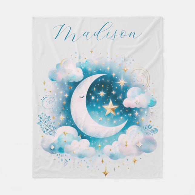 Manta Polar Creciente Luna Celeste Boho Moderno Azul y Blanco (Anverso)