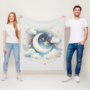 Manta Polar Creciente Luna Celeste Boho Moderno Azul y Blanco