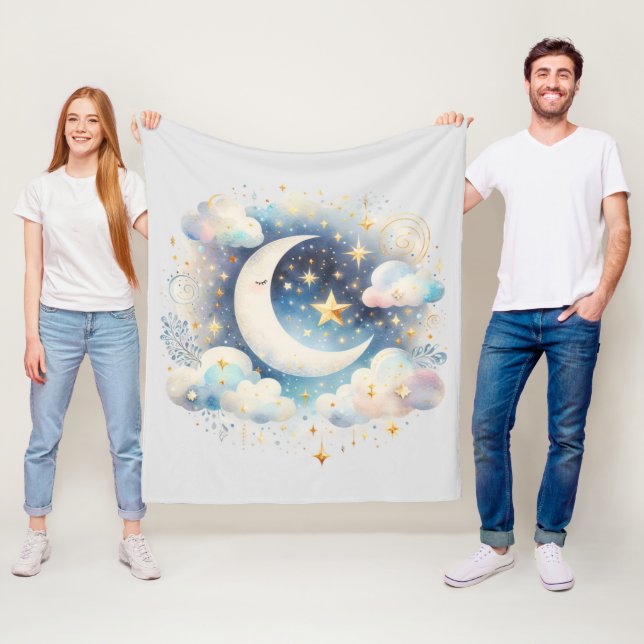 Manta Polar Creciente Luna Celeste Boho Moderno Azul y Blanco (In situ)