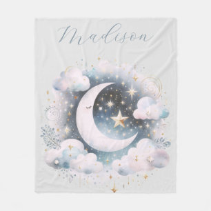 Manta Polar Creciente Luna Celeste Boho Moderno Azul y Blanco