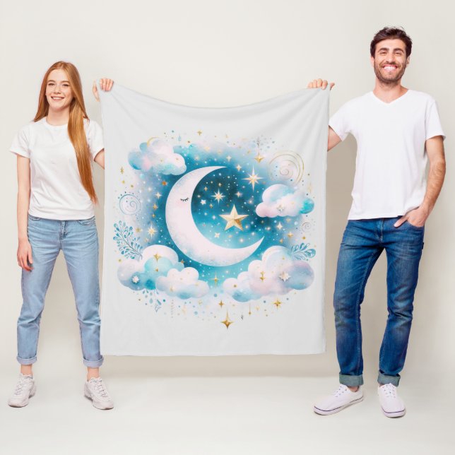 Manta Polar Creciente Lunar Celeste Azul y Blanco Boho Moderno (In situ)
