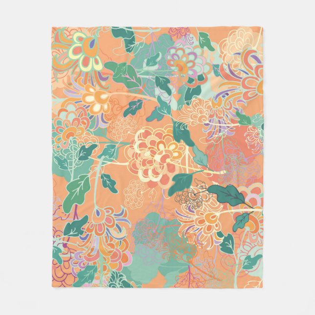 Manta Polar Crisantemo chino: patrón naranja floral. (Anverso)