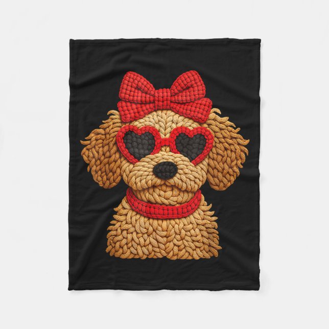 Manta Polar Crochet Puppy Heart Sungles Red Bow Valentines Day (Anverso)