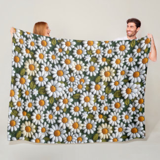 Manta Polar Crochet White Daisies Spring Wildflowers