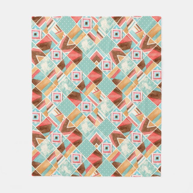Manta Polar Cuadrado de acuarela, fondo geométrico de mosaico. (Anverso)