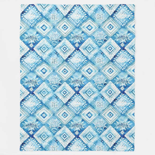 Manta Polar Cuadrados de Batik Blanco Azul (Anverso)