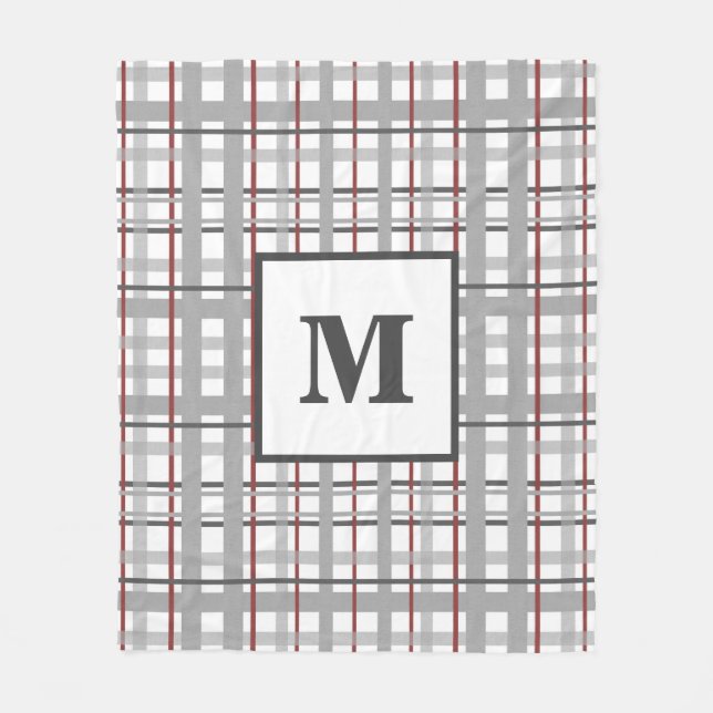 Manta Polar Cuadro de moda Rojo Gris Plateado Monograma (Anverso)