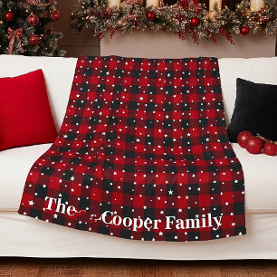 Manta Polar Cuadros rojos y negros con estrellas personalizada