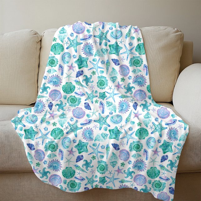 Manta Polar Cubierta acuática del mar de verano y costa de las (Watercolor Summer Sea shells and Starfish Coastal Fleece Blanket)