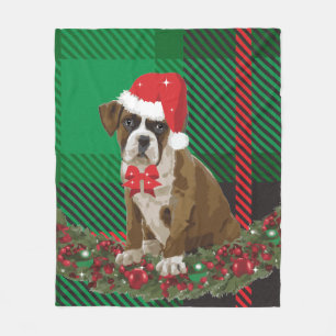 Manta Polar Cuidada Navidad Perro Santa Hat Green Plaid Sherpa