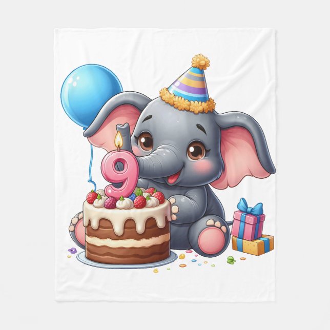 Manta Polar Cumpleaños 9 de elefante lindo (Anverso)