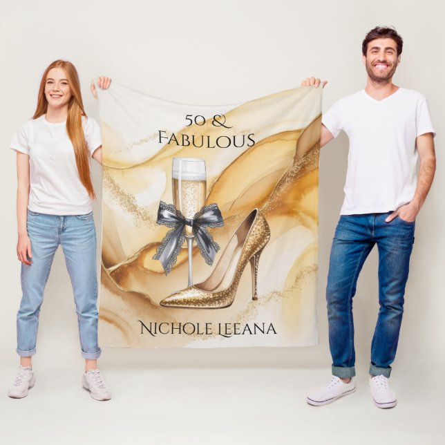 Manta Polar Cumpleaños de Champagne Brillante Dorado 50 y Fabu (In situ)