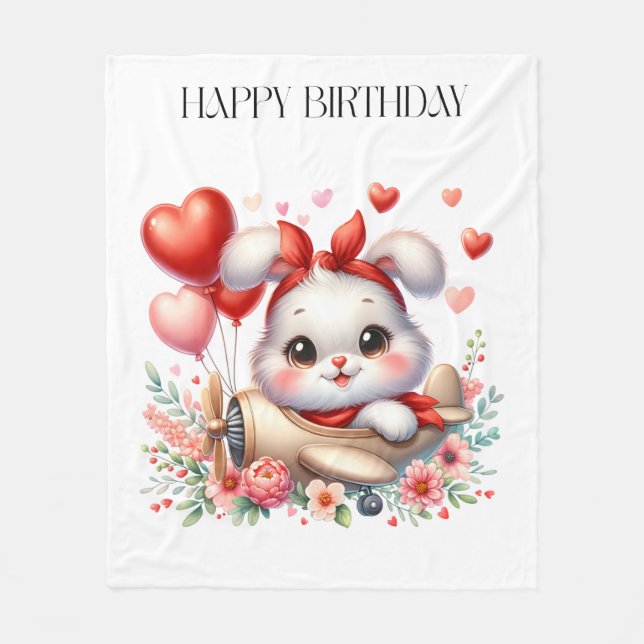 Manta Polar Cumpleaños de piloto conejito (Anverso)