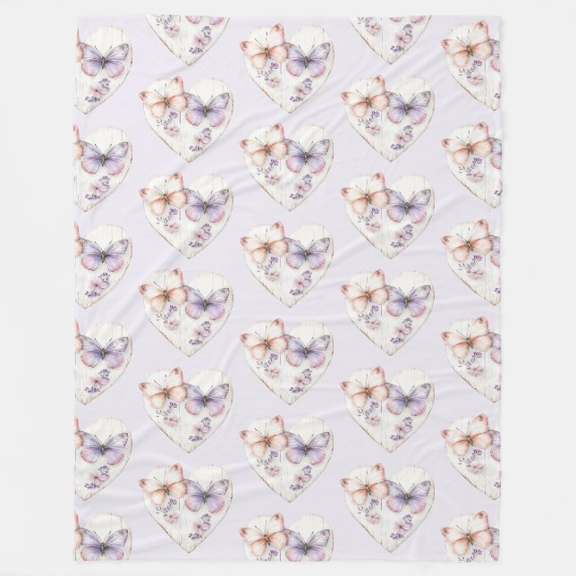 Manta Polar Cumpleaños Mariposas Corazón Floral Rosa Lavanda (Anverso)