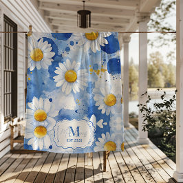 Manta Polar Custom Blue Watercolor Daisy Monogram Decor
